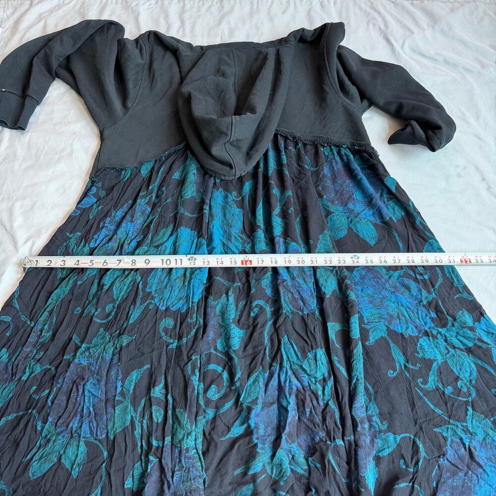 Hooded Floral Midi Dress Women's Est. Med Black Blue Hooded Boho Long Sleeve - Picture 9 of 9